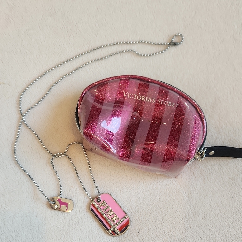 Victoria's Secret Pink Striped Glitter Pouch with Silver Necklace